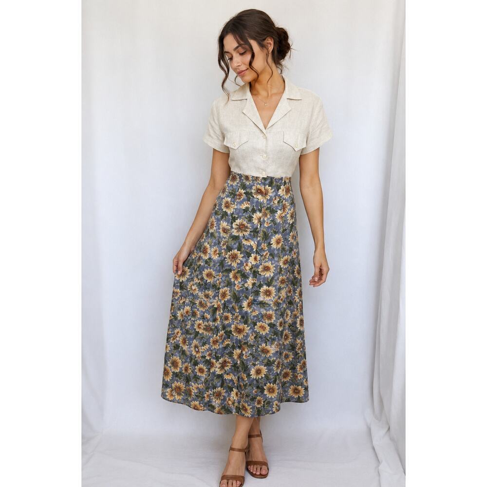 Vintage Frederick’s of Hollywood Sunflower Floral Midi Dress Cottagecore  M/L